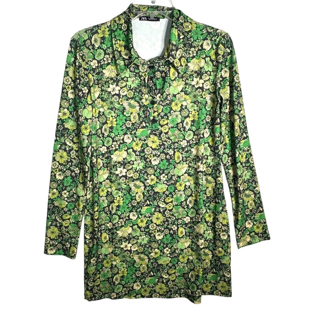 ZARA 60s 70s Inspired Green Floral Long Sleeve Mini Dress Mod Women Size M - Picture 4 of 7